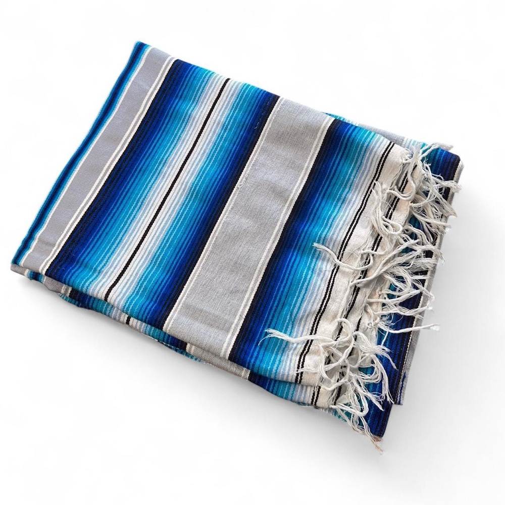 Blue and‎ White Striped Mexican Saltillo Serape 5’x7’ Blanket
